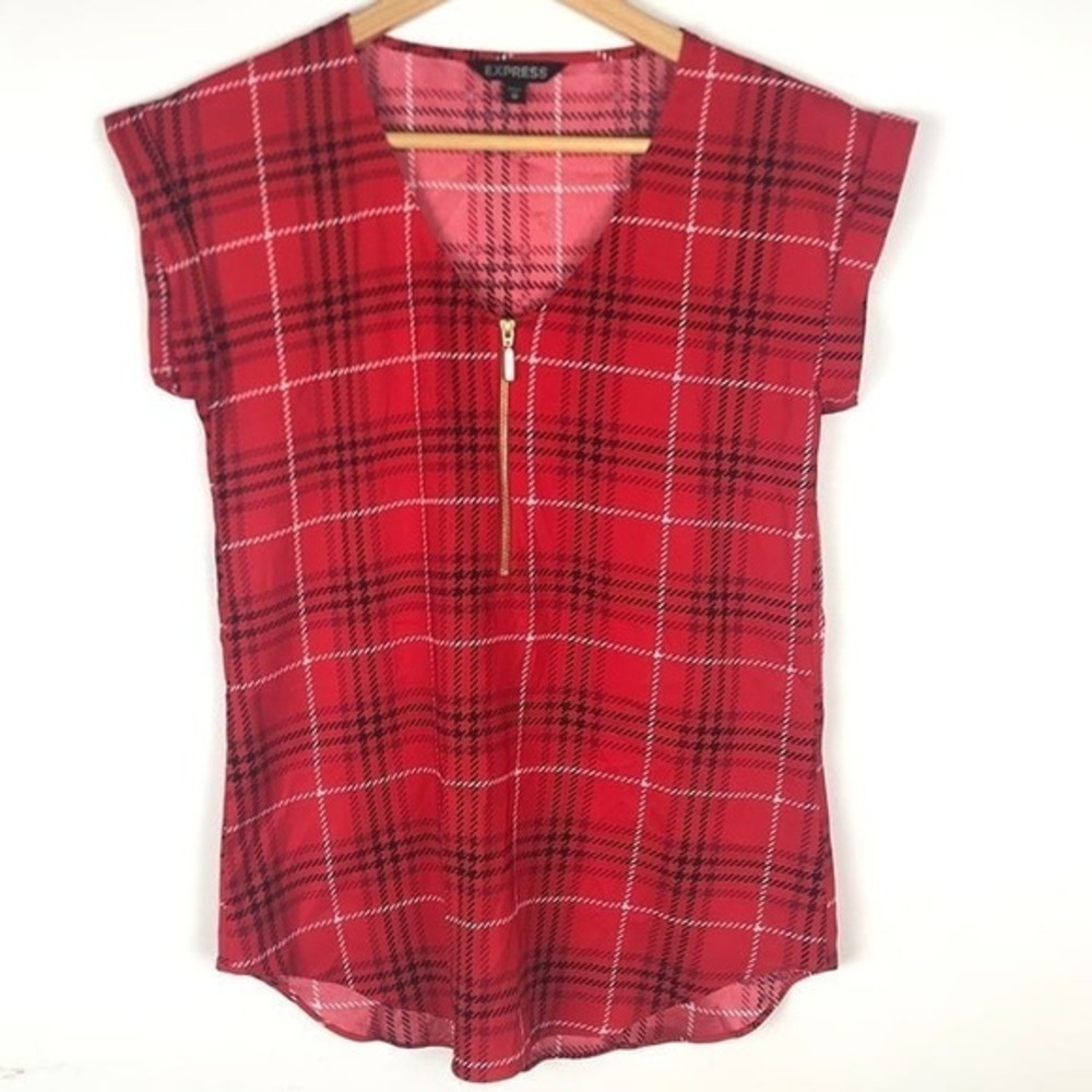 Express Womens Red Plaid V-Neck Short Sleeves‎ Blouse XS 90s Clueless Preppy